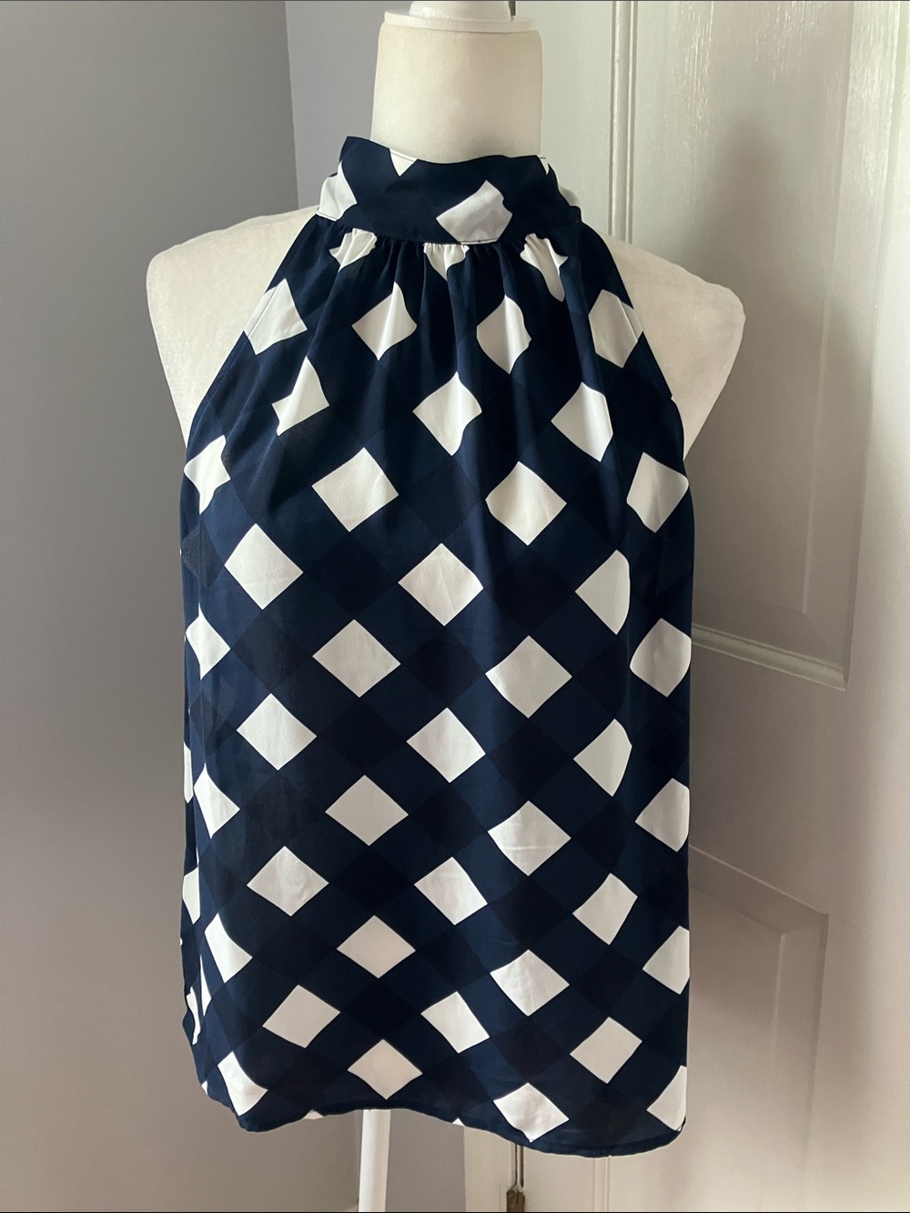 J. Crew sleeveless high neck bow navy & white checkered top 6 EUC
